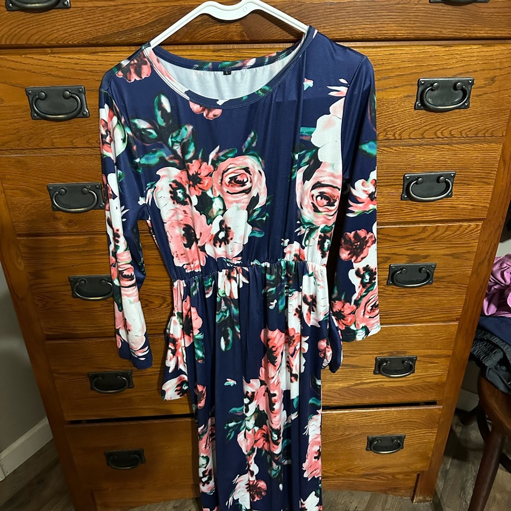 Floral Navy Dress with Pink and White Accents long in length off